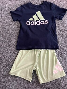 Boys Adidas Navy Tee with Light Green and Pink Logo Shorts Size 6